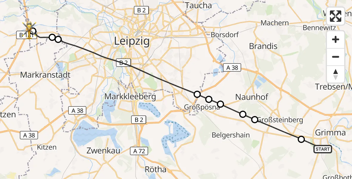 Flugroute Rettungshubschrauber Grimma - ADAC Air Rescue Station Leipzig/Schkeuditz-Dölzig Hubschrauberlandeplatz (Christoph 61), 27 Juli 2026, 15:15