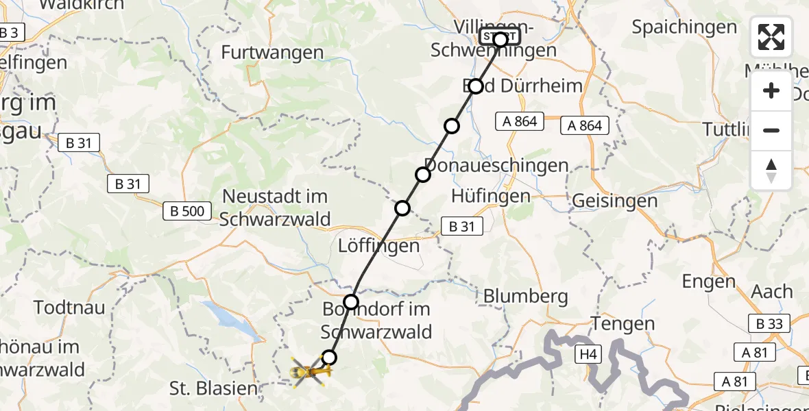 Flugroute Ambulanzhubschrauber DRF Air Rescue Station Villingen-Schwenningen Hubschrauberlandeplatz (Christoph 11) - Grafenhausen, 27 Juli 2026, 15:22