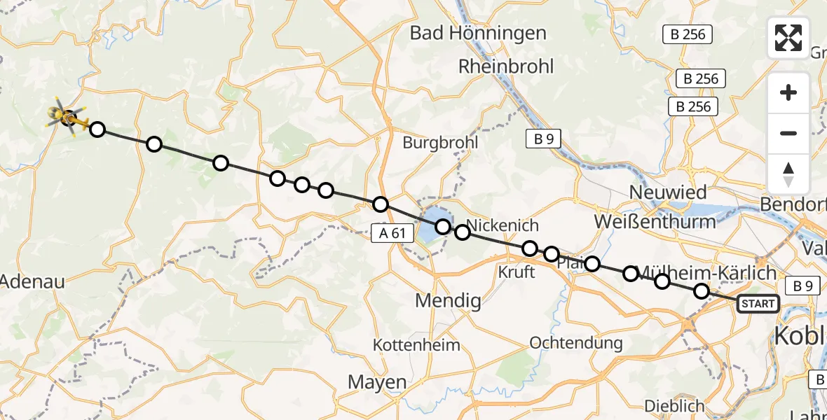 Flugroute Rettungshubschrauber Koblenz - Hönningen, 27 Juli 2026, 15:31