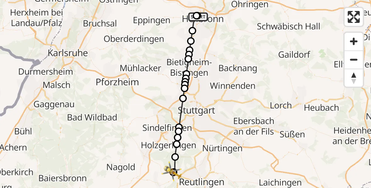 Flugroute Ambulanzhubschrauber Heilbronn Hospital - Tübingen University Hospital, 27 Juli 2026, 15:35