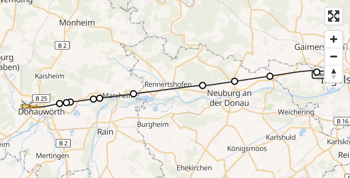 Flugroute Rettungshubschrauber Ingolstadt Hospital - Donauwörth, 27 Juli 2026, 15:38