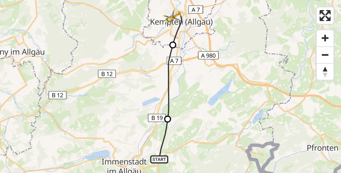 Flugroute Rettungshubschrauber Rettenberg - Kempten (Allgäu), 27 Juli 2026, 15:41