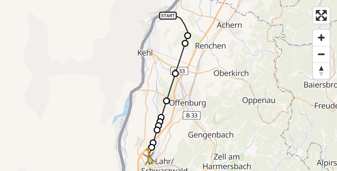 Flugroute Rettungshubschrauber Rheinau - Lahr Flughafen, 27 Juli 2026, 15:44