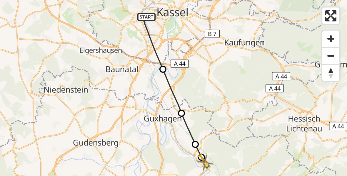 Flugroute Rettungshubschrauber Kassel - Melsungen, 27 Juli 2026, 15:44