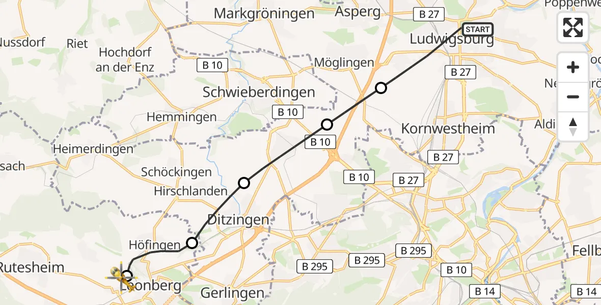 Flugroute Rettungshubschrauber Ludwigsburg - Leonberg Hospital, 27 Juli 2026, 15:48