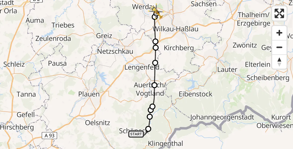 Flugroute Rettungshubschrauber Schöneck/Vogtl. - ADAC Air Rescue Station Zwickau Hubschrauberlandeplatz, 27 Juli 2026, 15:54