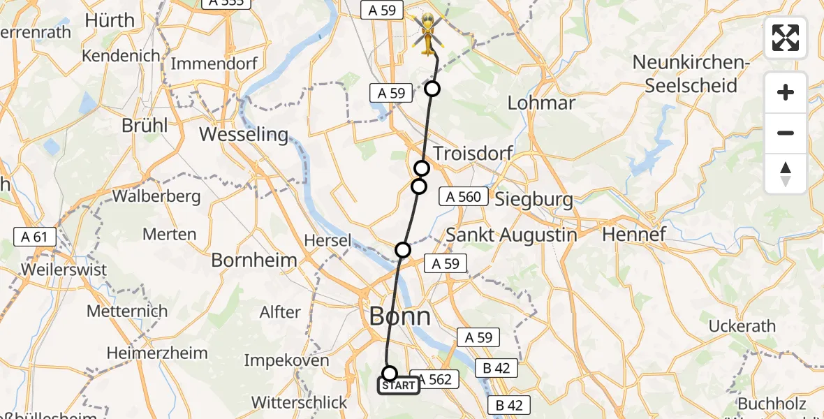 Flugroute Ambulanzhubschrauber Bonn University Hospital - Köln Bonn Flughafen, 27 Juli 2026, 15:56