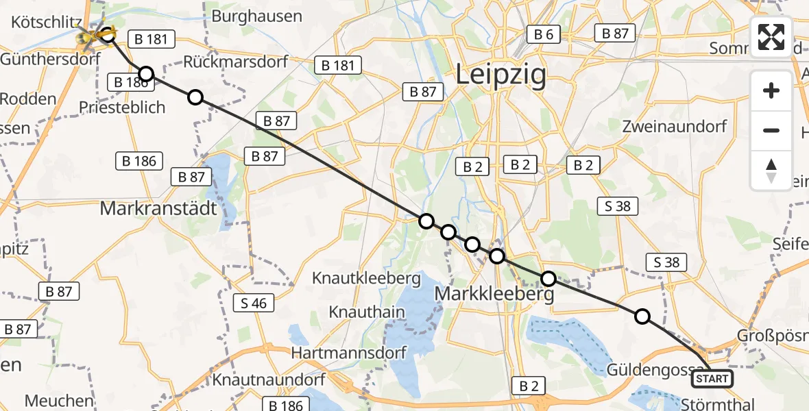 Flugroute Rettungshubschrauber Großpösna - ADAC Air Rescue Station Leipzig/Schkeuditz-Dölzig Hubschrauberlandeplatz (Christoph 61), 27 Juli 2026, 16:01