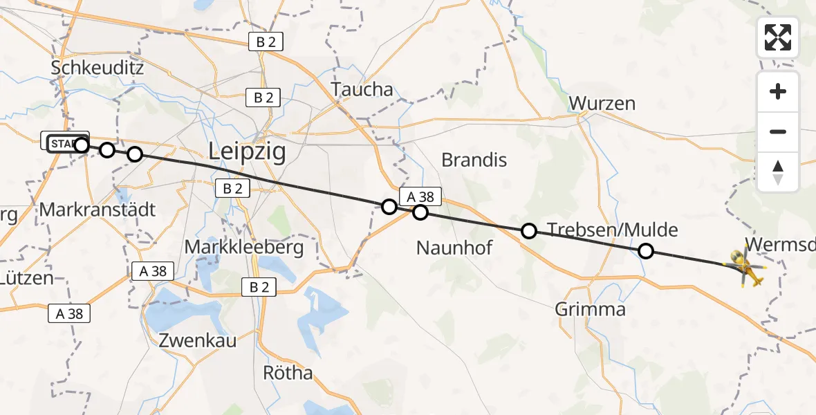 Flugroute Rettungshubschrauber Leuna - Grimma, 27 Juli 2026, 16:02