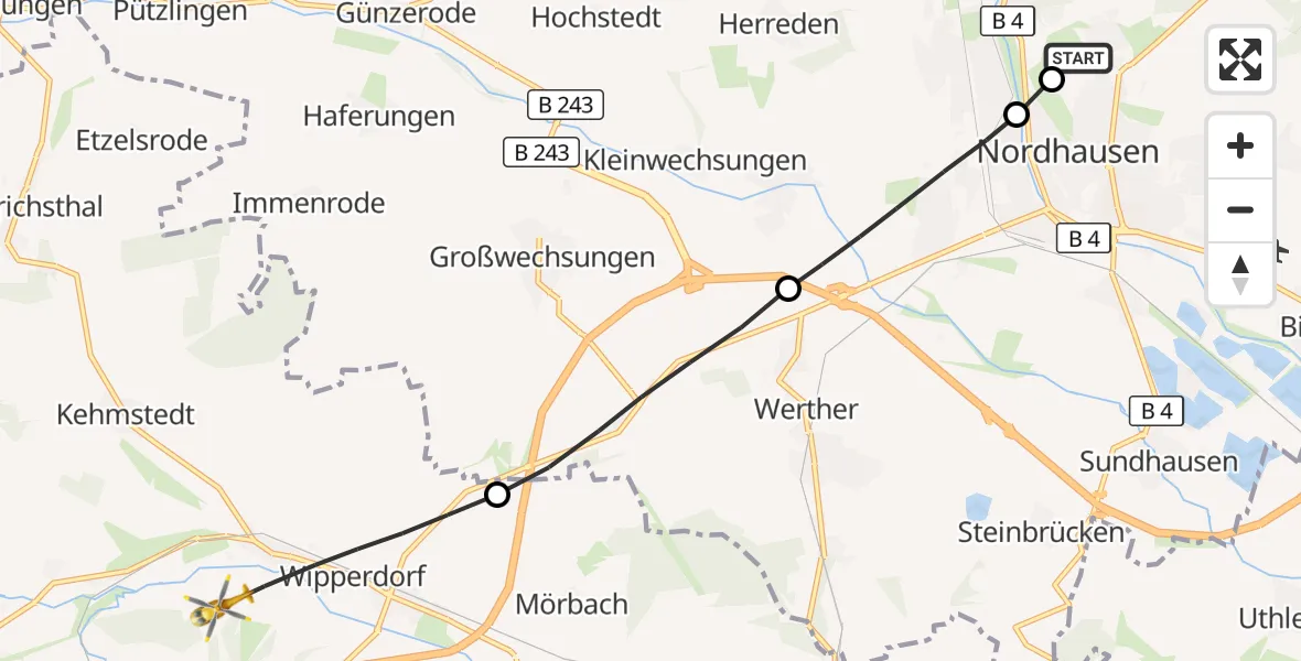 Flugroute Rettungshubschrauber Südharz Hospital Nordhausen - Bleicherode, 27 Juli 2026, 16:02