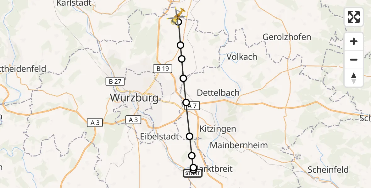 Flugroute Rettungshubschrauber Ochsenfurt Hospital - Hausen b.Würzburg, 27 Juli 2026, 16:04