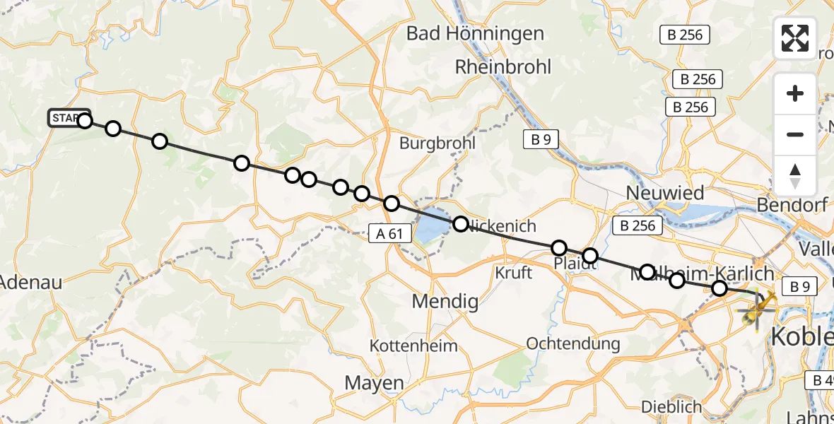 Flugroute Rettungshubschrauber Hönningen - Koblenz, 27 Juli 2026, 16:07