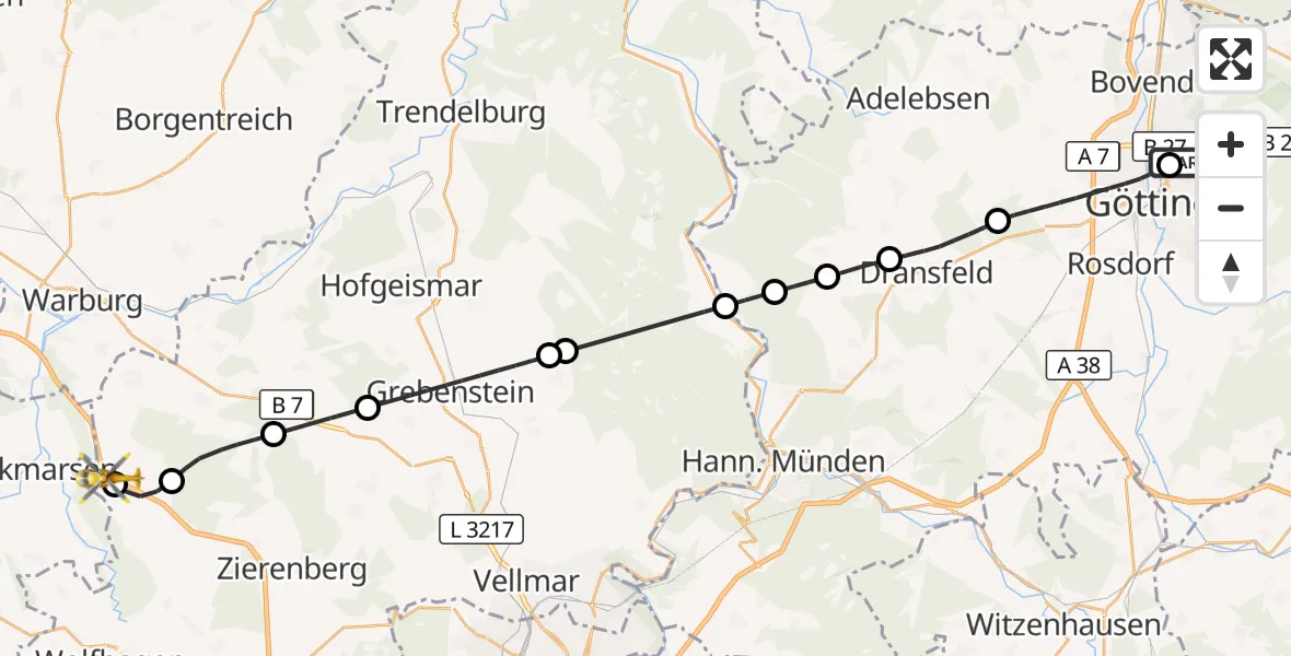 Flugroute Rettungshubschrauber Göttingen University Clinic Hubschrauberlandeplatz - Breuna, 27 Juli 2026, 16:10