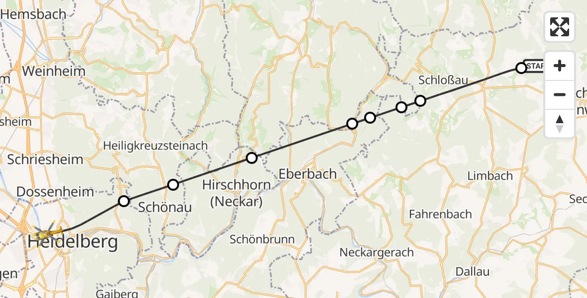 Flugroute Rettungshubschrauber Buchen (Odenwald) - Heidelberg, 27 Juli 2026, 16:14