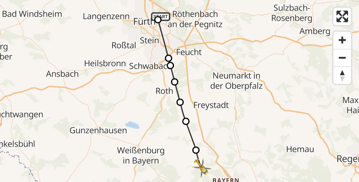 Flugroute Ambulanzhubschrauber Flughafen Nuremberg - Titting, 27 Juli 2026, 16:17