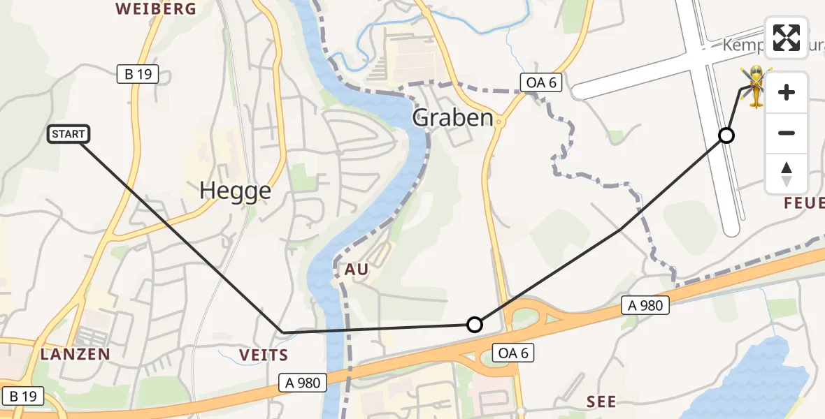 Flugroute Rettungshubschrauber Waltenhofen - Kempten-Durach Flugplatz, 27 Juli 2026, 16:22