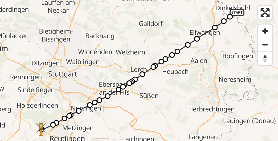 Flugroute Rettungshubschrauber Dinkelsbühl - Tübingen Trauma Hospital, 27 Juli 2026, 16:22
