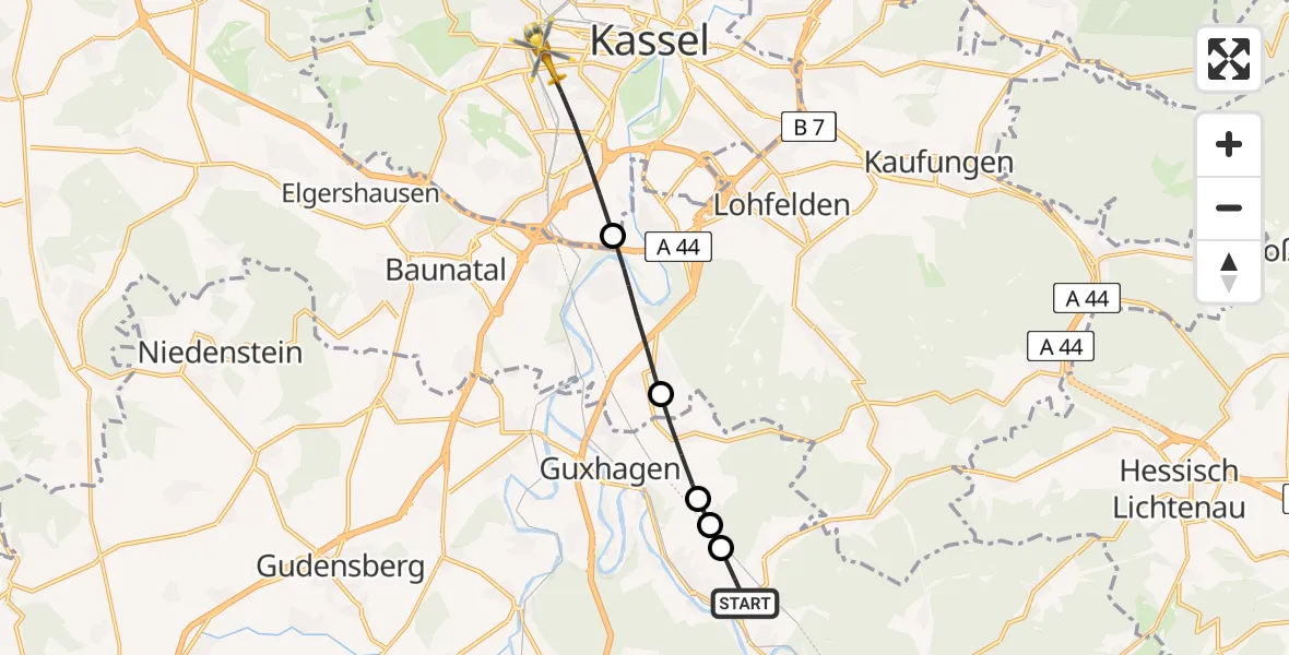 Flugroute Rettungshubschrauber Körle - Kassel, 27 Juli 2026, 16:29