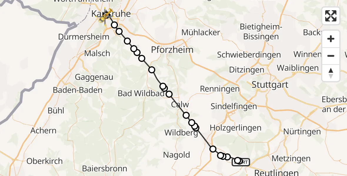 Flugroute Ambulanzhubschrauber Tübingen University Hospital - Sankt Vincentius Hospital, 27 Juli 2026, 16:31