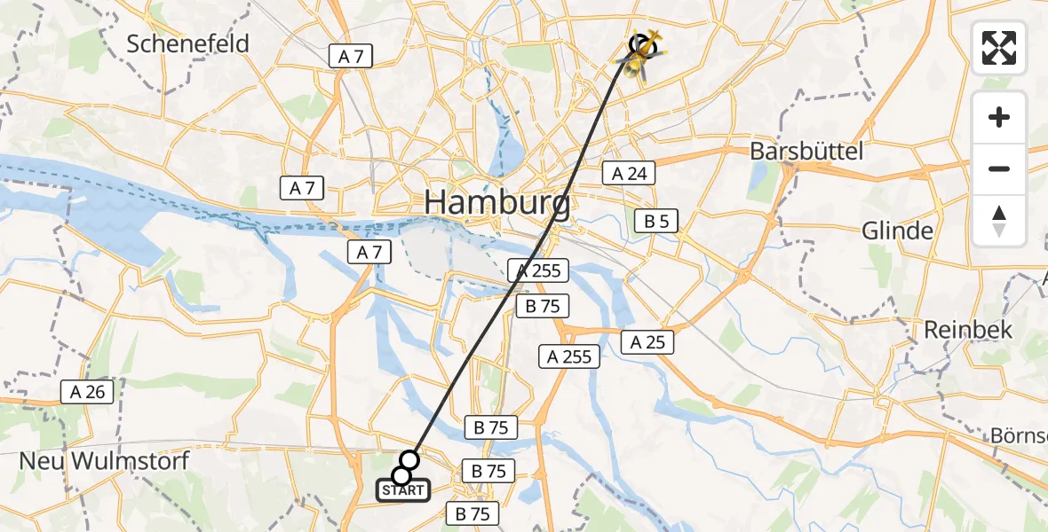 Flugroute Rettungshubschrauber Asklepios Hospital Harburg - Hamburg Military Hospital, 27 Juli 2026, 16:35