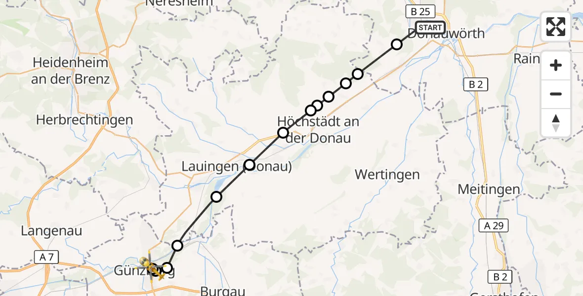 Flugroute Rettungshubschrauber Donauwörth - Günzburg Hospital, 27 Juli 2026, 16:39