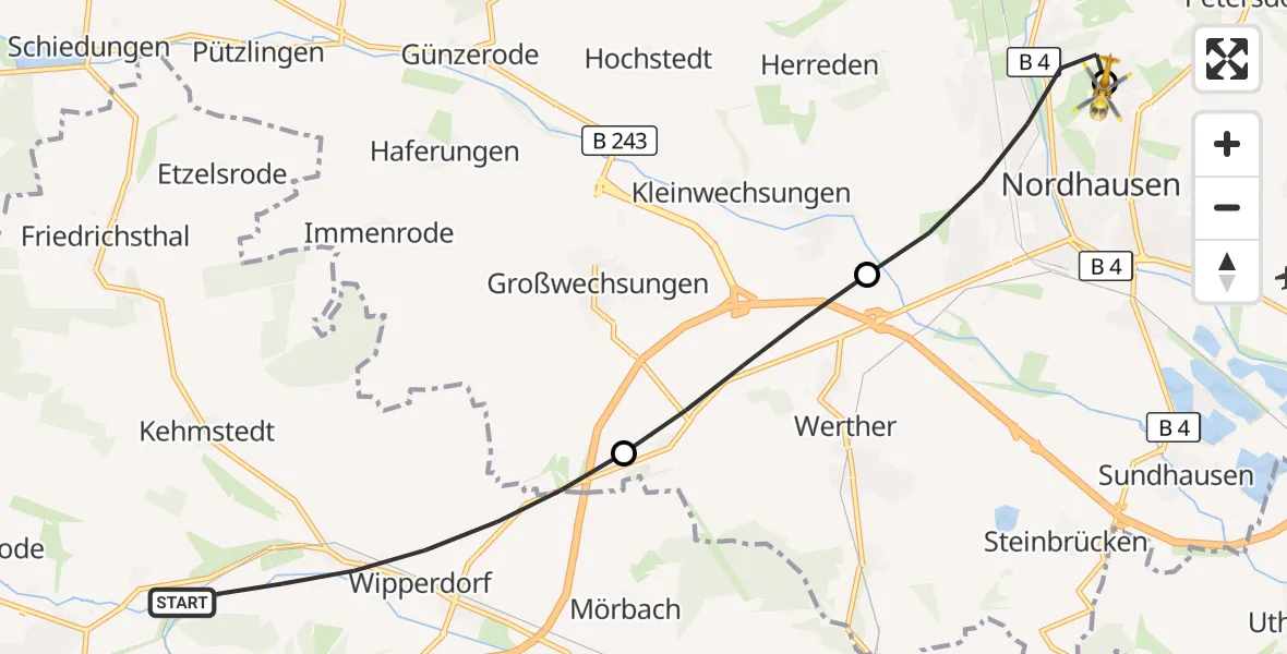 Flugroute Rettungshubschrauber Bleicherode - Südharz Hospital Nordhausen, 27 Juli 2026, 16:40