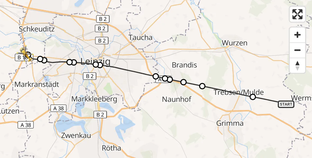 Flugroute Rettungshubschrauber Grimma - ADAC Air Rescue Station Leipzig/Schkeuditz-Dölzig Hubschrauberlandeplatz (Christoph 61), 27 Juli 2026, 16:50