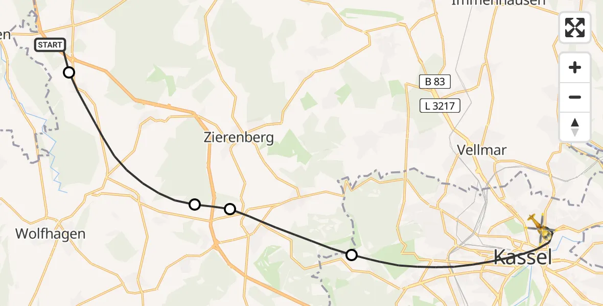 Flugroute Rettungshubschrauber Breuna - Kassel, 27 Juli 2026, 17:00