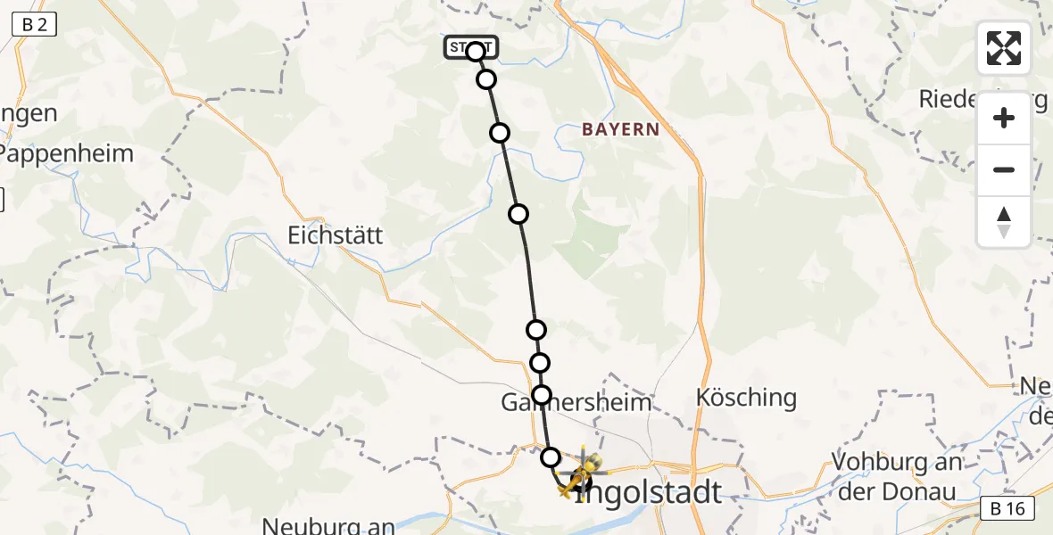 Flugroute Ambulanzhubschrauber Titting - Ingolstadt Hospital, 27 Juli 2026, 17:00