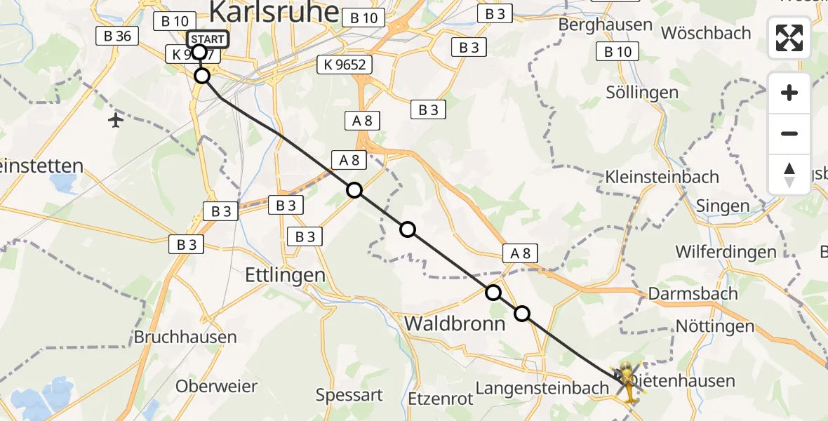 Flugroute Ambulanzhubschrauber Sankt Vincentius Hospital - Karlsbad, 27 Juli 2026, 17:12