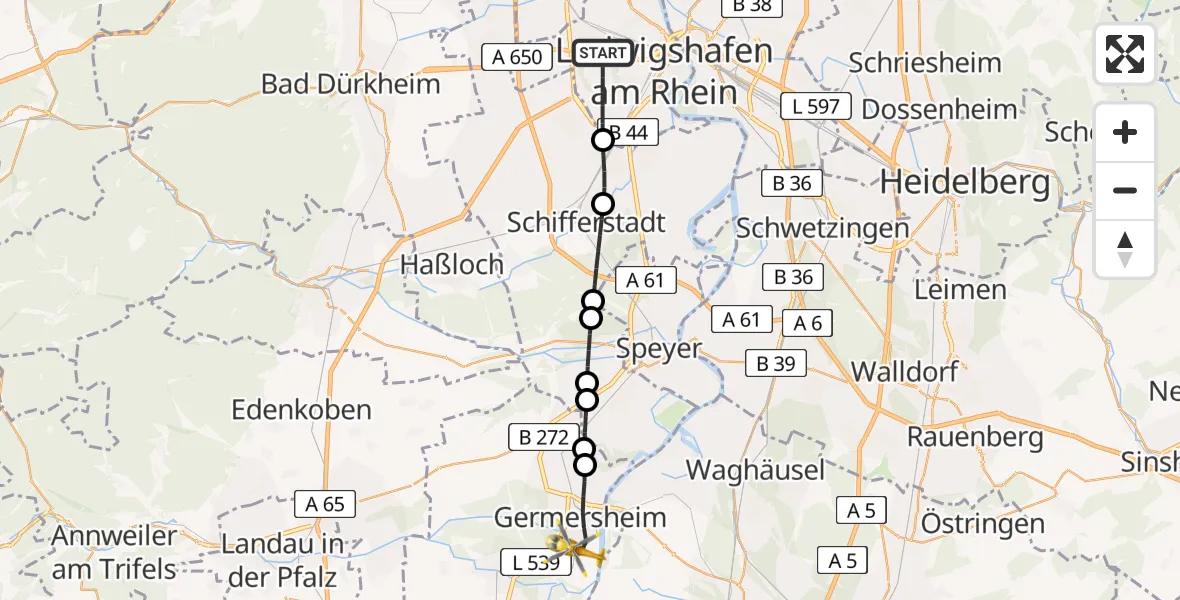 Flugroute Rettungshubschrauber Ludwigshafen am Rhein - Germersheim, 27 Juli 2026, 17:25