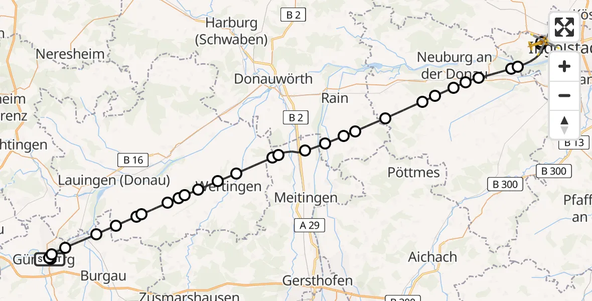 Flugroute Rettungshubschrauber Günzburg Hospital - Ingolstadt Hospital, 27 Juli 2026, 17:28
