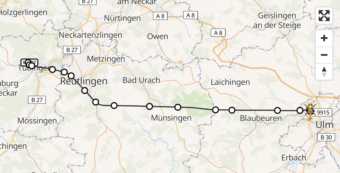 Flugroute Rettungshubschrauber Tübingen Trauma Hospital - ADAC Air Rescue Station Ulm (Christoph 22), 27 Juli 2026, 17:32