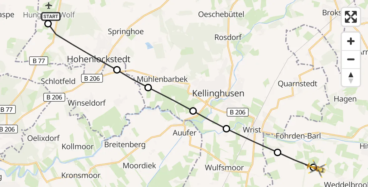 Flugroute Rettungshubschrauber Itzehoe Hungriger Wolf Flugplatz - Weddelbrook, 27 Juli 2026, 17:33