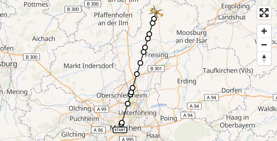 Flugroute Rettungshubschrauber München - Au i.d.Hallertau, 27 Juli 2026, 17:36