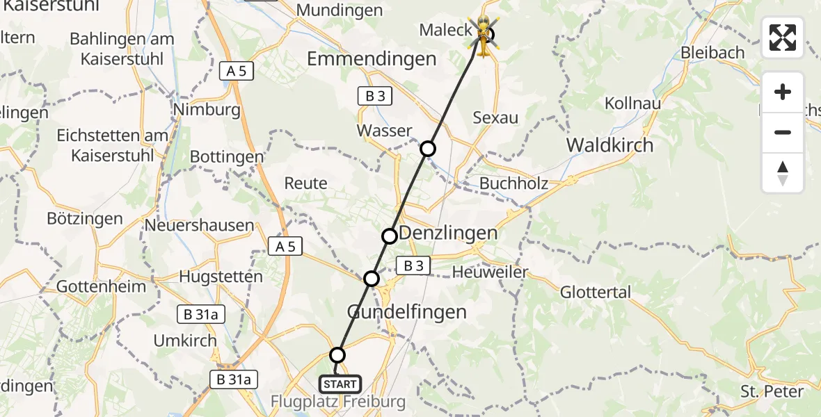 Flugroute Ambulanzhubschrauber Freiburg im Breisgau Flugplatz - Sexau, 27 Juli 2026, 17:42