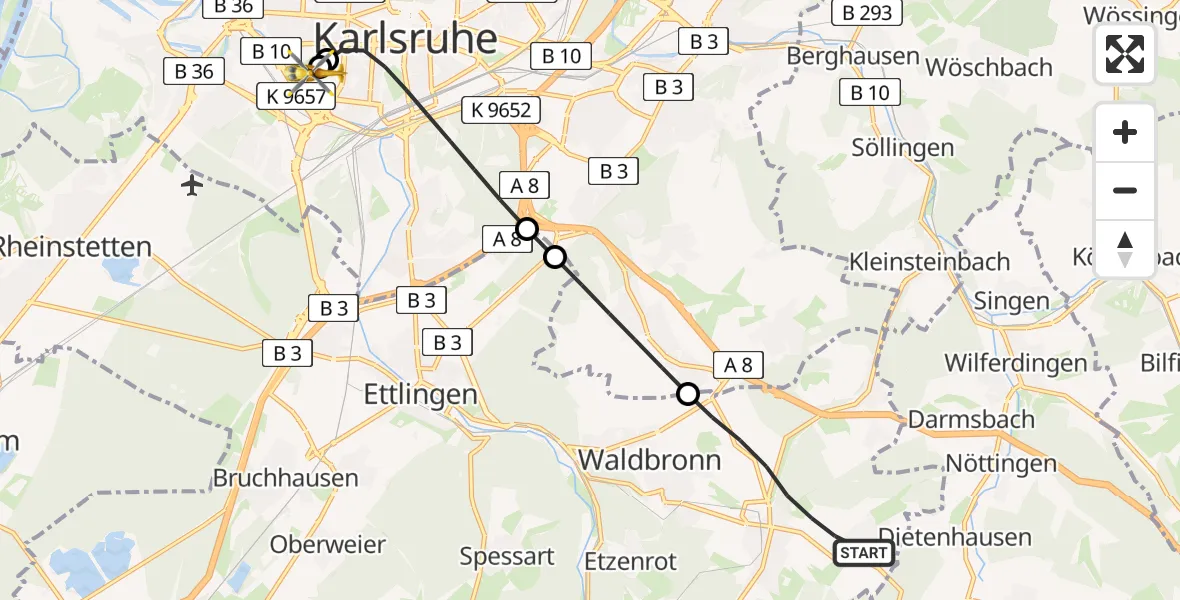 Flugroute Ambulanzhubschrauber Karlsbad - Sankt Vincentius Hospital, 27 Juli 2026, 17:43