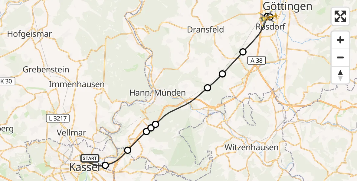 Flugroute Rettungshubschrauber Kassel - Rosdorf, 27 Juli 2026, 17:43
