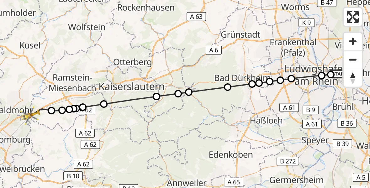 Flugroute Rettungshubschrauber Mannheim-City Flughafen - Bruchmühlbach-Miesau, 27 Juli 2026, 17:47
