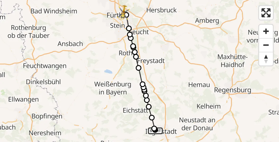 Flugroute Ambulanzhubschrauber Ingolstadt Hospital - Flughafen Nuremberg, 27 Juli 2026, 17:53