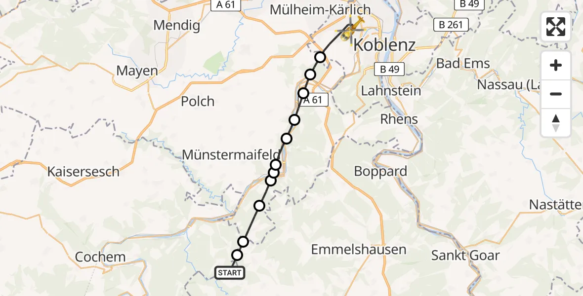 Flugroute Rettungshubschrauber Lieg - Koblenz, 27 Juli 2026, 18:05