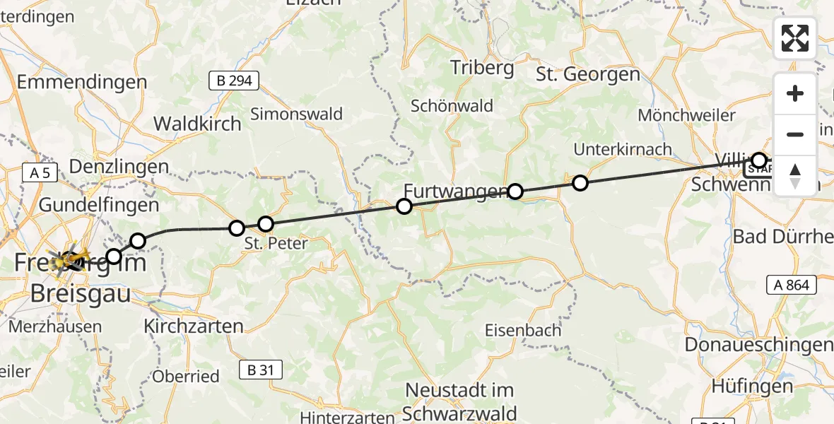 Flugroute Ambulanzhubschrauber DRF Air Rescue Station Villingen-Schwenningen Hubschrauberlandeplatz (Christoph 11) - Freiburg University Hospital Heliport 1, 27 Juli 2026, 18:06
