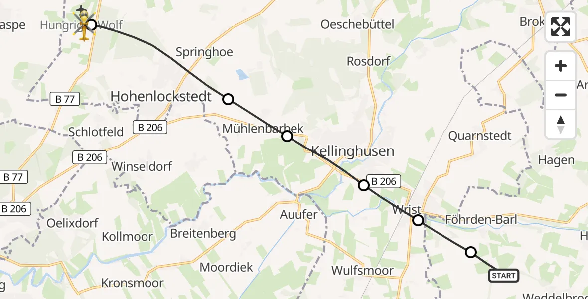 Flugroute Rettungshubschrauber Weddelbrook - Itzehoe Hungriger Wolf Flugplatz, 27 Juli 2026, 18:10