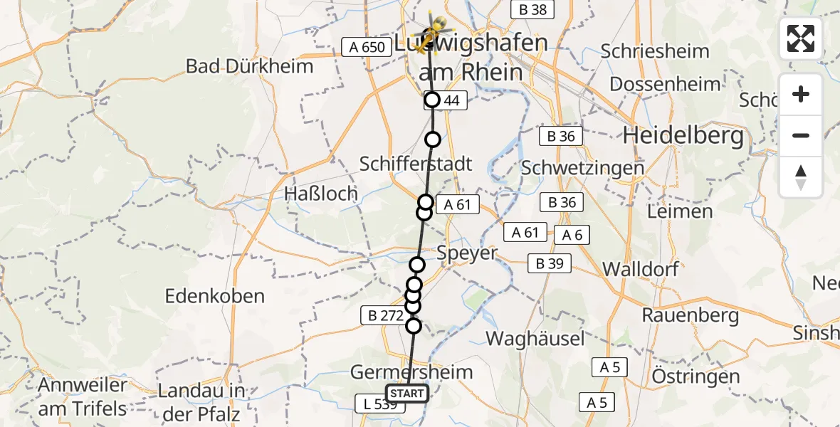 Flugroute Rettungshubschrauber Germersheim - Ludwigshafen Accident Hospital, 27 Juli 2026, 18:14