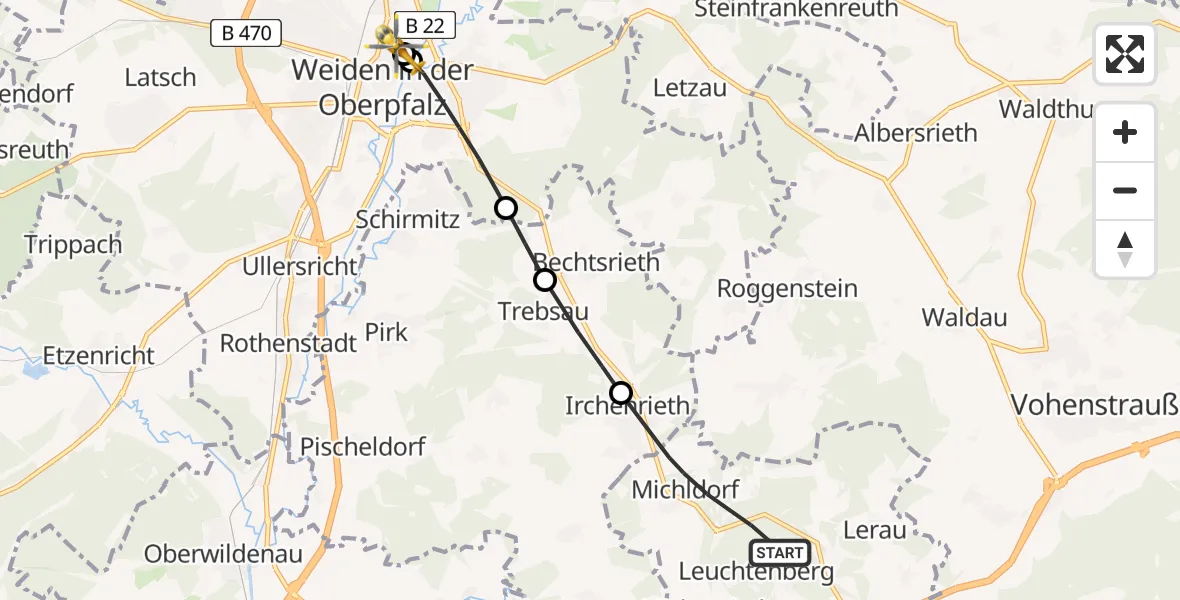 Flugroute Ambulanzhubschrauber Leuchtenberg - Weiden Hospital, 27 Juli 2026, 18:18