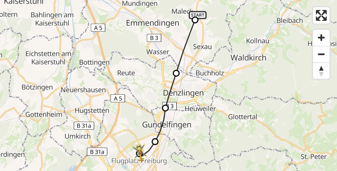 Flugroute Ambulanzhubschrauber Sexau - Freiburg im Breisgau Flugplatz, 27 Juli 2026, 18:18