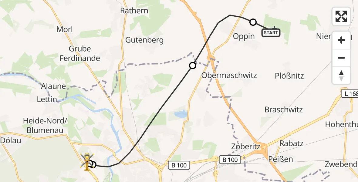 Flugroute Rettungshubschrauber Halle-Oppin Flugplatz - Halle (Saale) University Hospital, 27 Juli 2026, 18:21