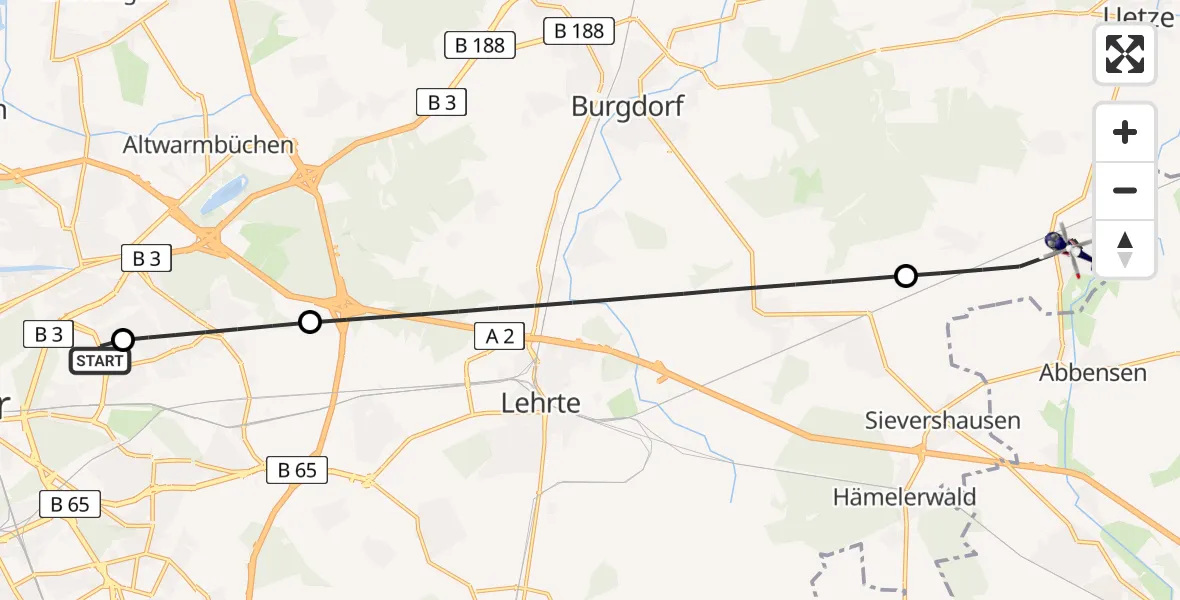 Flugroute Polizeihubschrauber Hannover Luftrettung Hubschrauberlandeplatz (Christoph 4) - Uetze, 27 Juli 2026, 18:28