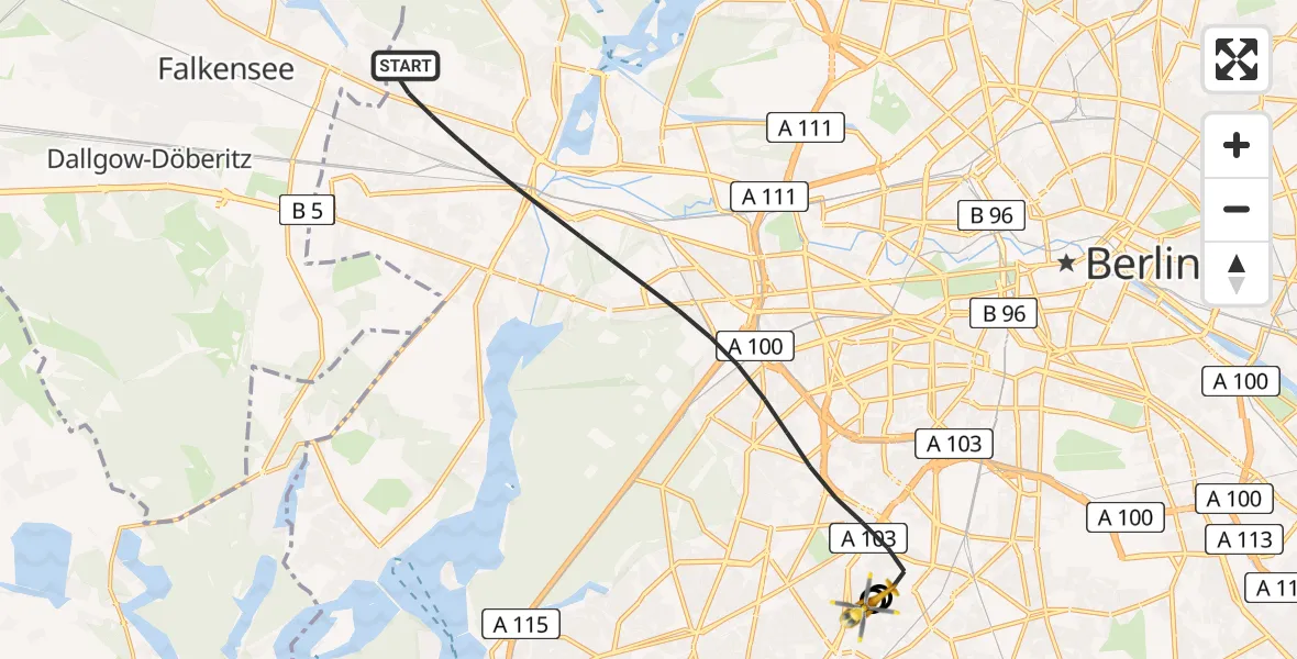 Flugroute Rettungshubschrauber Berlin - Charité Clinic Benjamin Franklin Campus, 27 Juli 2026, 18:30