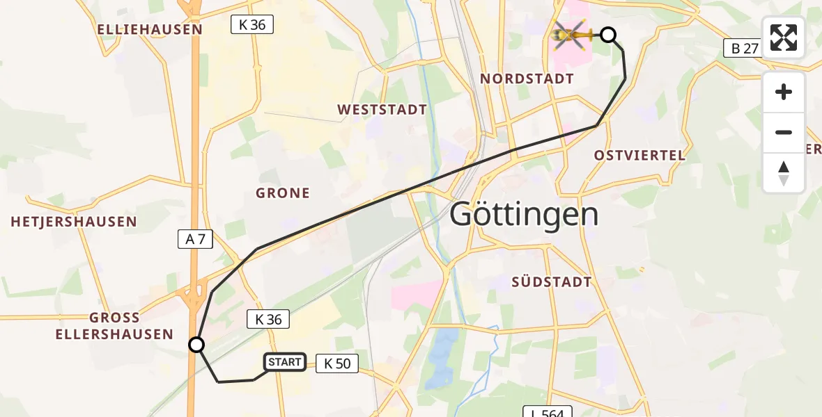 Flugroute Rettungshubschrauber Rosdorf - Göttingen University Clinic Hubschrauberlandeplatz, 27 Juli 2026, 18:32